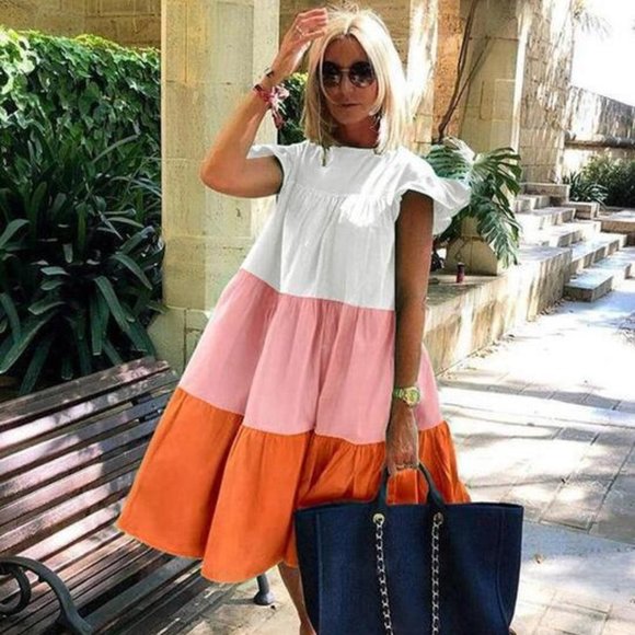 Elegant Patchwork Hit Color Dress Women O Neck Hal